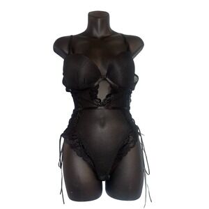 NWOT BodyRage Black Mesh Lace Teddy Bodysuit Underwire Side Lace Up Large